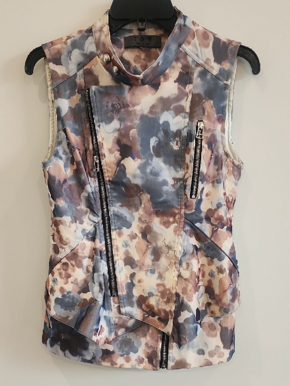 TOV Holy Watercolor Floral Moto Vest in Blush, Blue & Taupe - Heavy Material